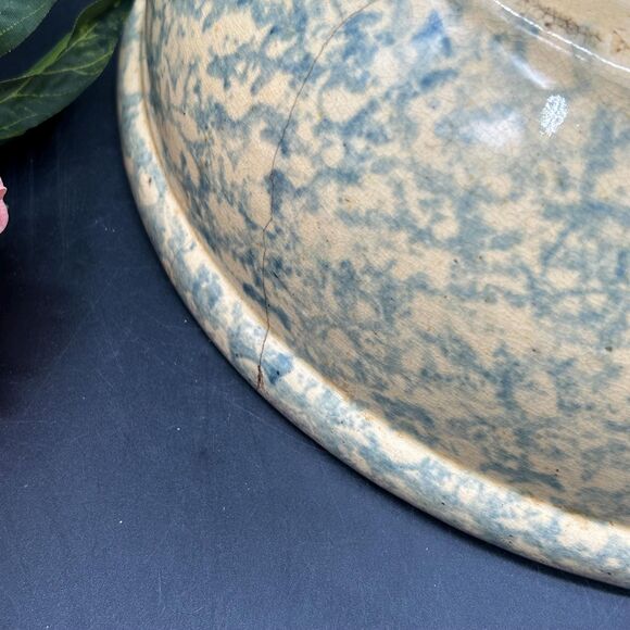 Blue Sponge Ware Decorated Yellow Ware Mixing Bowl 19th Century - Picture 3 of 5